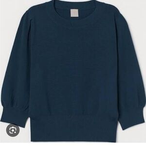 H&M 3/4 Sleeve Pleated Detail Dark Teal Blue Sweater